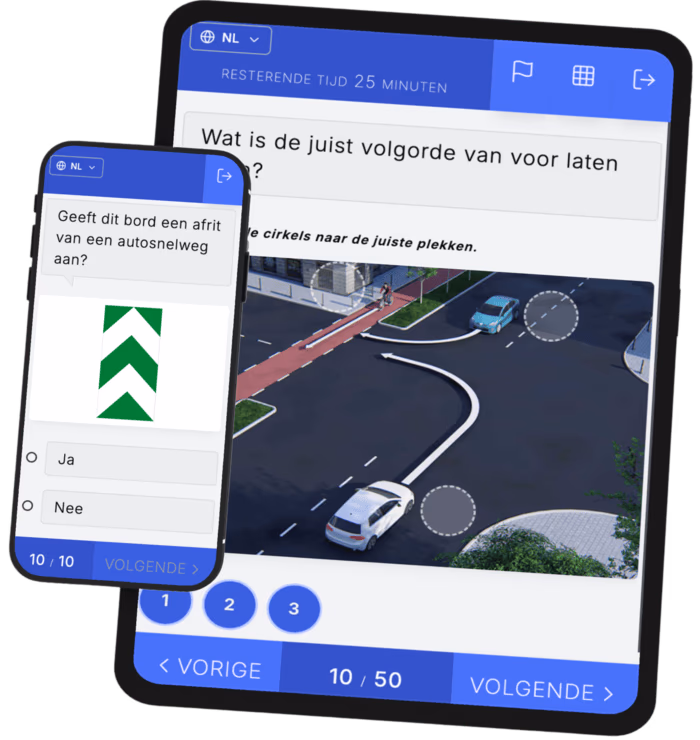 Gratis theorie-examen oefenen op telefoon en tablet, met een ja/nee-vraag en een sleepvraag